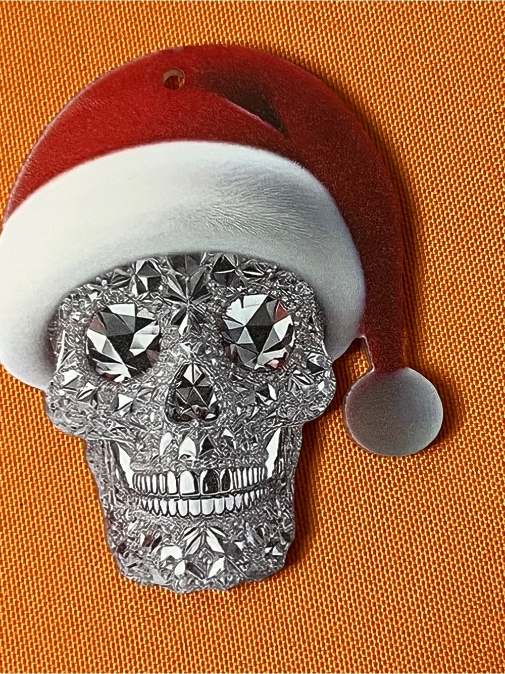 Silver Crystal Skull Ornament with Red Santa Hat Holiday Accent